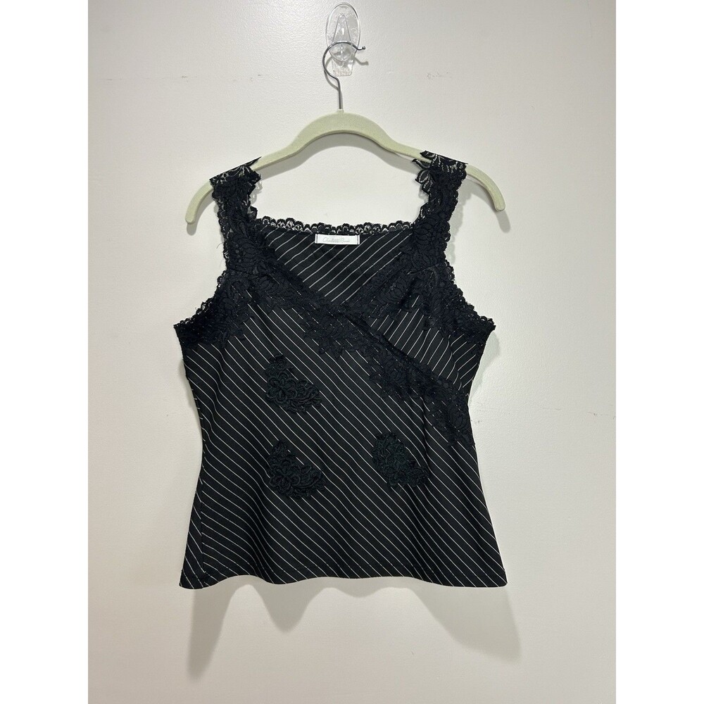 Vtg Charlotte Russe Striped Tank Top Black Lace Whimsigoth Y2K Grunge L